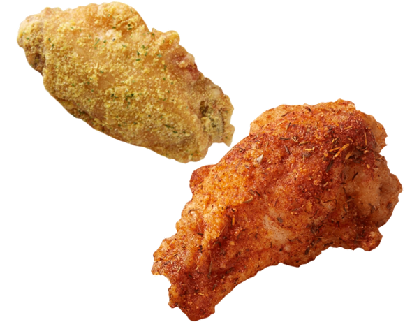 Two crispy fried chicken pieces, golden-brown texture