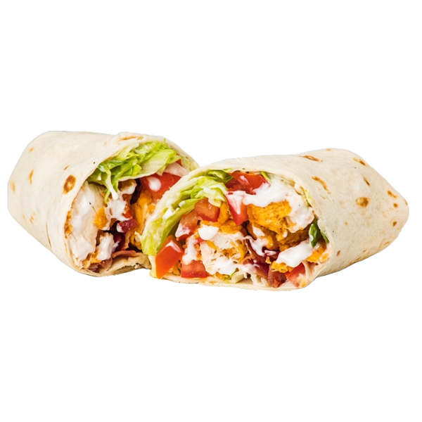 Fresh chicken wrap with crispy chicken, lettuce, tomatoes, and creamy dressing, captured in a close-up on a white plate.