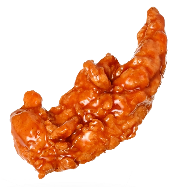 A delicious piece of chicken wing, crispy texture and golden color, with sauce